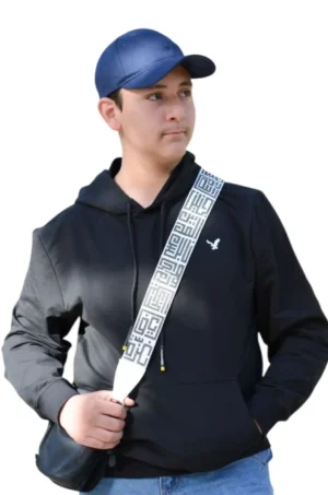 Black - White Palestine Cities Handbag Embroidered Strap – A stylish handbag embroidered strap, crafted with authentic patterns. Standard length (110 cm to 115 cm), lined with premium leather, and finished with high-quality accessories. Durable enough to hold up to 20 kg. Colors used: White, Black.