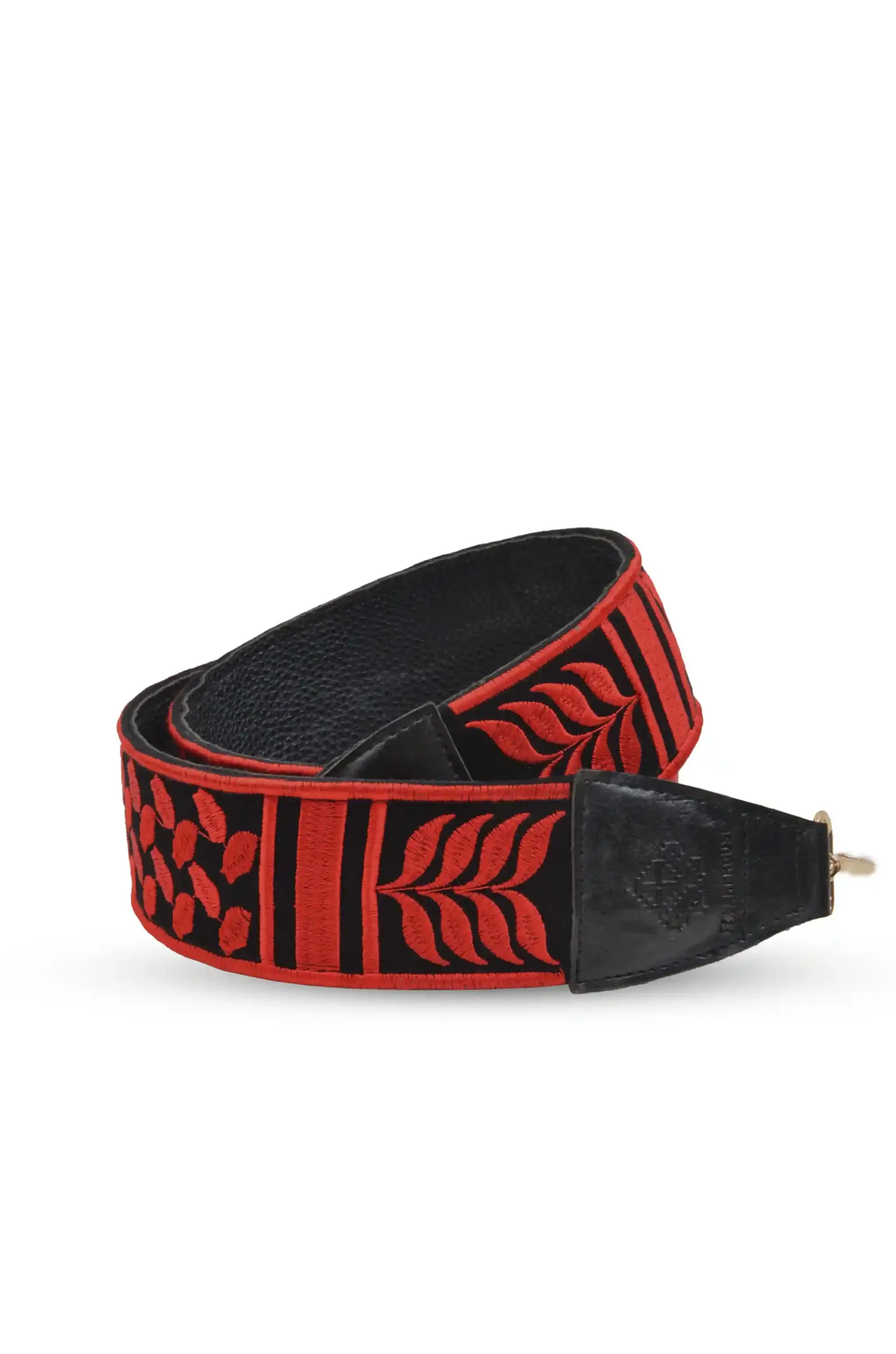 Red - Black Shemagh Handbag Embroidered Strap – A stylish handbag embroidered strap, crafted with authentic patterns. Standard length (110 cm to 115 cm), lined with premium leather, and finished with high-quality accessories. Durable enough to hold up to 20 kg. Colors used: Black, Red.