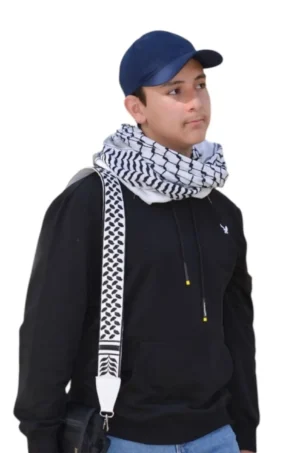 Black - White Kofeyyeh Handbag Embroidered Strap – A stylish handbag embroidered strap, crafted with authentic patterns. Standard length (110 cm to 115 cm), lined with premium leather, and finished with high-quality accessories. Durable enough to hold up to 20 kg. Colors used: White, Black.