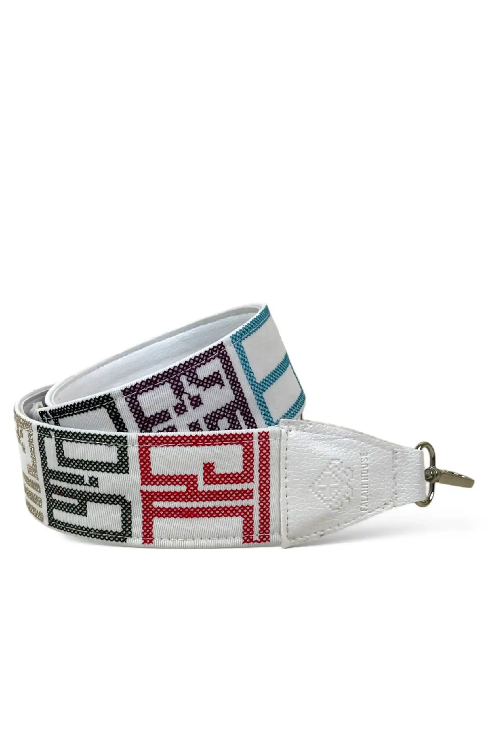 Multicolor - White On This Land Handbag Embroidered Strap – A stylish handbag embroidered strap, crafted with authentic patterns. Standard length (110 cm to 115 cm), lined with premium leather, and finished with high-quality accessories. Durable enough to hold up to 20 kg. Colors used: White, Multi-color.