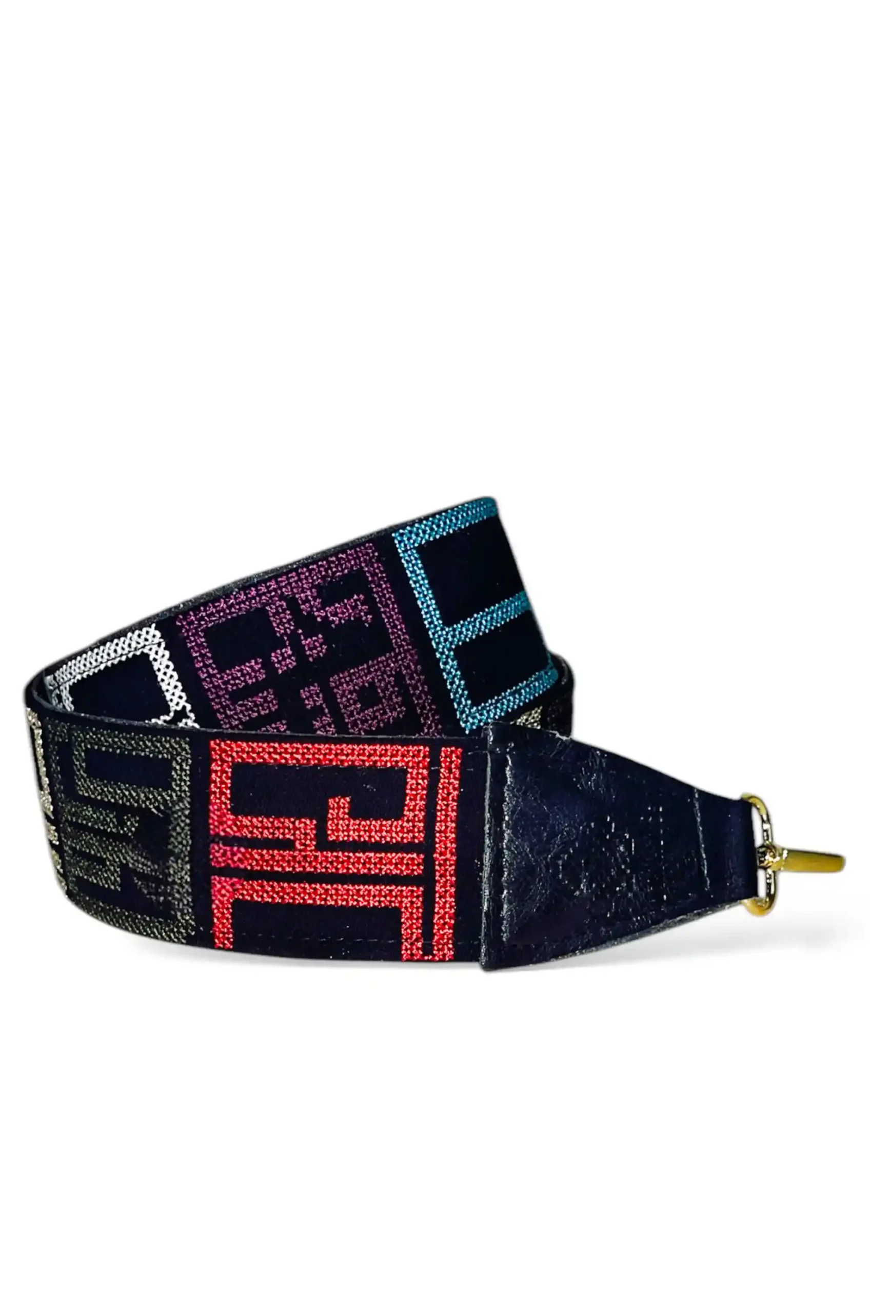 Multicolor - Black On This Land Handbag Embroidered Strap – A stylish handbag embroidered strap, crafted with authentic patterns. Standard length (110 cm to 115 cm), lined with premium leather, and finished with high-quality accessories. Durable enough to hold up to 20 kg. Colors used: Black, Multi-color.