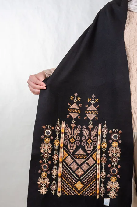 Black Nabati Brown Mix Embroidered Shoulder Shawl in a warm winter design (225 cm × 48 cm) featuring Falahi embroidery, bratto details, and mirror accents inspired by Central Region heritage.