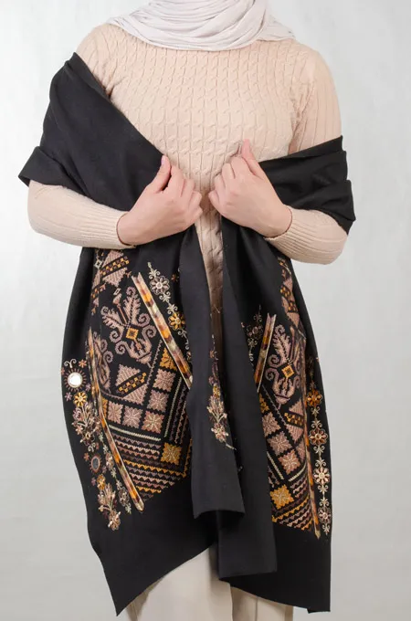 Black Nabati Brown Mix Embroidered Shoulder Shawl in a warm winter design (225 cm × 48 cm) featuring Falahi embroidery, bratto details, and mirror accents inspired by Central Region heritage.