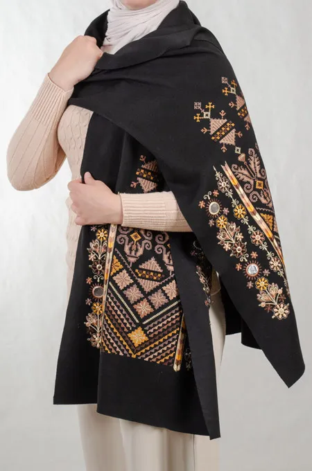 Black Nabati Brown Mix Embroidered Shoulder Shawl in a warm winter design (225 cm × 48 cm) featuring Falahi embroidery, bratto details, and mirror accents inspired by Central Region heritage.