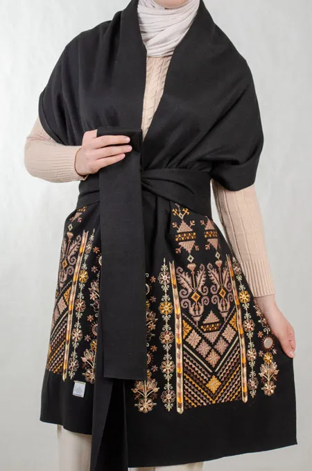 Black Nabati Brown Mix Embroidered Shoulder Shawl in a warm winter design (225 cm × 48 cm) featuring Falahi embroidery, bratto details, and mirror accents inspired by Central Region heritage.