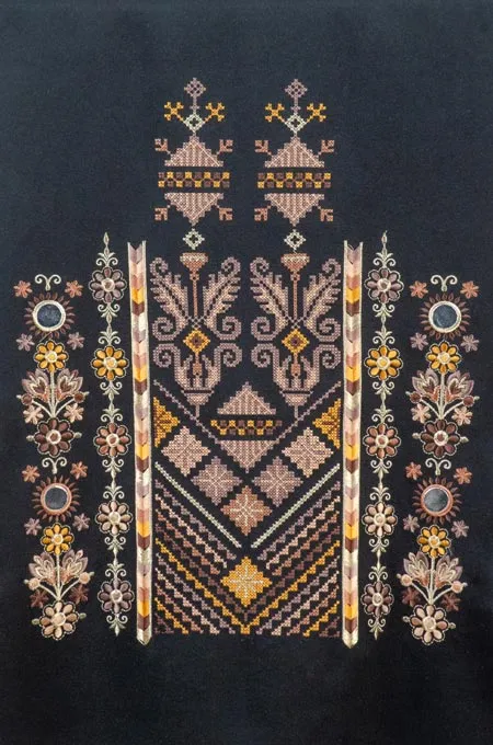 Black Nabati Brown Mix Embroidered Shoulder Shawl in a warm winter design (225 cm × 48 cm) featuring Falahi embroidery, bratto details, and mirror accents inspired by Central Region heritage.