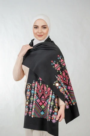 Black Nabati Candy Mix Embroidered Shoulder Shawl in a warm winter design featuring Falahi embroidery, bratto details, and mirror accents inspired by Central Region heritage.