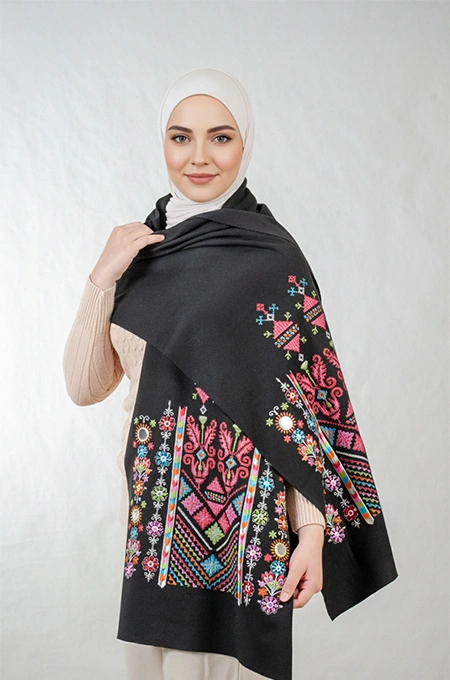 Black Nabati Candy Mix Embroidered Shoulder Shawl in a warm winter design featuring Falahi embroidery, bratto details, and mirror accents inspired by Central Region heritage.