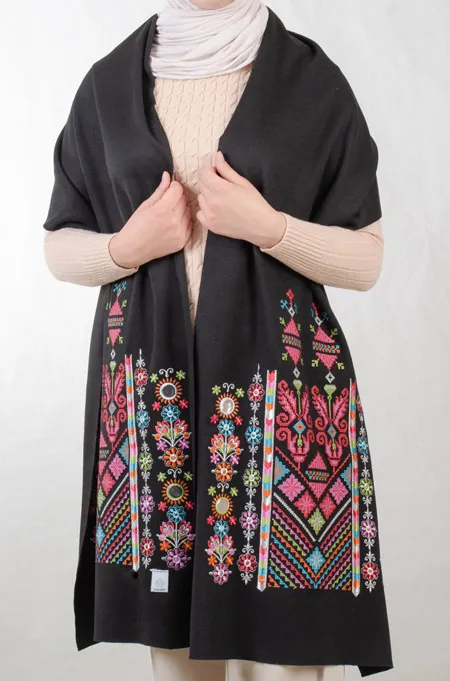 Black Nabati Candy Mix Embroidered Shoulder Shawl in a warm winter design featuring Falahi embroidery, bratto details, and mirror accents inspired by Central Region heritage.