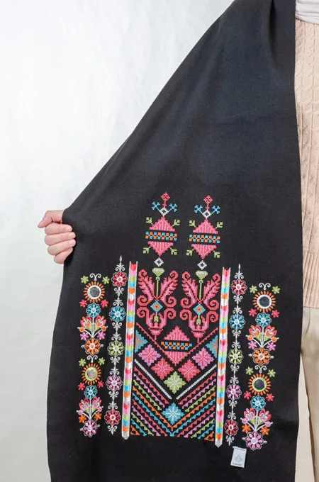 Black Nabati Candy Mix Embroidered Shoulder Shawl in a warm winter design featuring Falahi embroidery, bratto details, and mirror accents inspired by Central Region heritage.