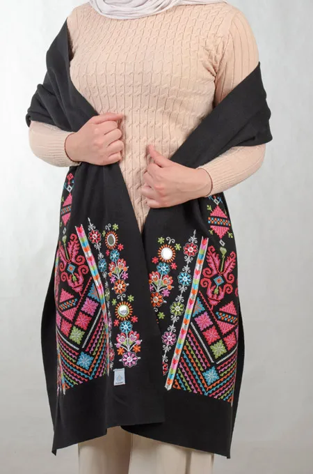 Black Nabati Candy Mix Embroidered Shoulder Shawl in a warm winter design featuring Falahi embroidery, bratto details, and mirror accents inspired by Central Region heritage.