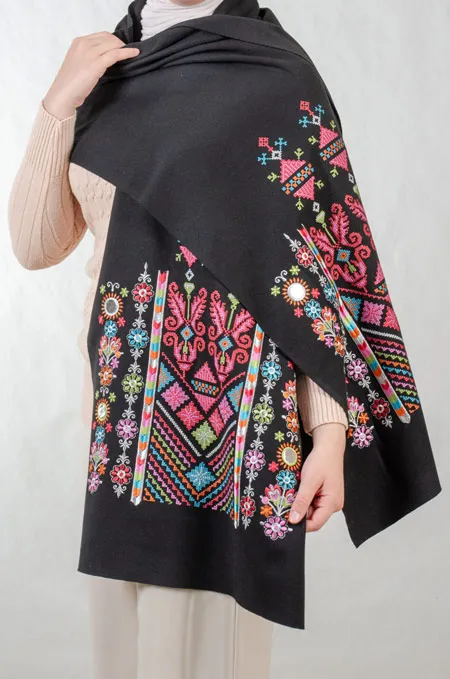 Black Nabati Candy Mix Embroidered Shoulder Shawl in a warm winter design featuring Falahi embroidery, bratto details, and mirror accents inspired by Central Region heritage.