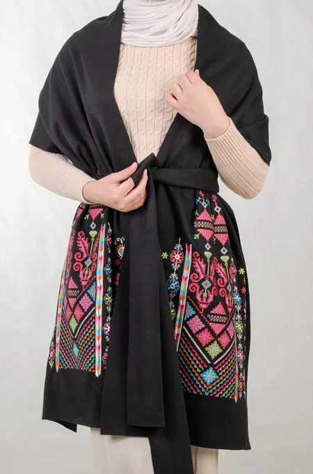 Black Nabati Candy Mix Embroidered Shoulder Shawl in a warm winter design featuring Falahi embroidery, bratto details, and mirror accents inspired by Central Region heritage.