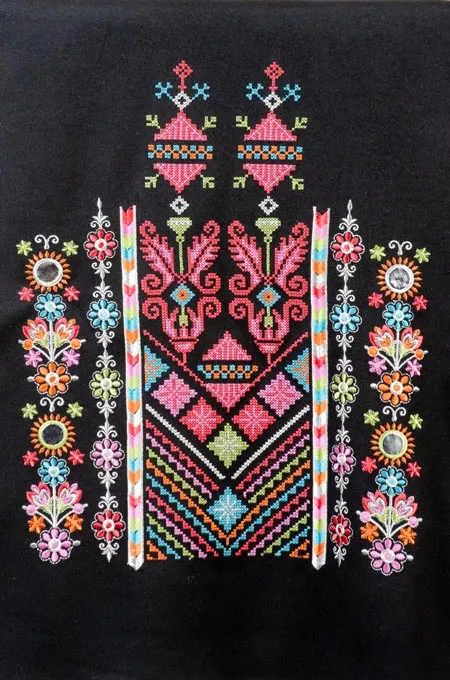 Black Nabati Candy Mix Embroidered Shoulder Shawl in a warm winter design featuring Falahi embroidery, bratto details, and mirror accents inspired by Central Region heritage.