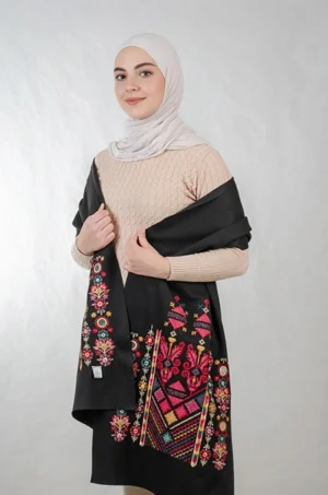 Black Nabati Falahi Mix Embroidered Shoulder Shawl in a warm winter design (225 cm × 48 cm) featuring Falahi embroidery, bratto details, and mirror accents inspired by Central Region heritage.