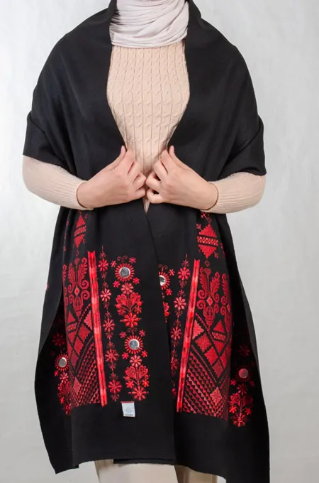 Black Nabati Red Mix Embroidered Shoulder Shawl in a warm winter design featuring Falahi embroidery, bratto details, and mirror accents inspired by Central Region heritage.