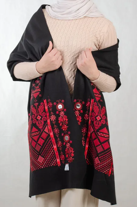 Black Nabati Red Mix Embroidered Shoulder Shawl in a warm winter design featuring Falahi embroidery, bratto details, and mirror accents inspired by Central Region heritage.