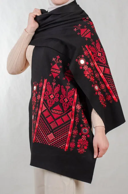 Black Nabati Red Mix Embroidered Shoulder Shawl in a warm winter design featuring Falahi embroidery, bratto details, and mirror accents inspired by Central Region heritage.