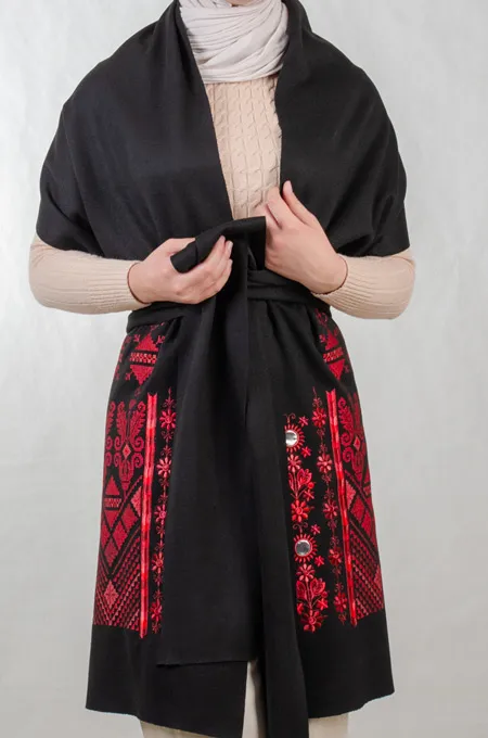 Black Nabati Red Mix Embroidered Shoulder Shawl in a warm winter design featuring Falahi embroidery, bratto details, and mirror accents inspired by Central Region heritage.