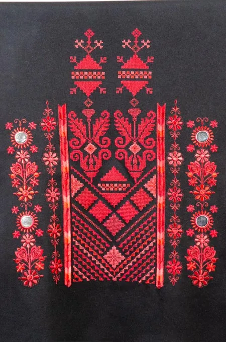 Black Nabati Red Mix Embroidered Shoulder Shawl in a warm winter design featuring Falahi embroidery, bratto details, and mirror accents inspired by Central Region heritage.