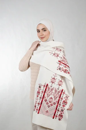 Ivory Nabati Red Embroidered Shoulder Shawl in a warm winter design featuring Falahi embroidery, bratto details, and mirror accents inspired by Central Region heritage.