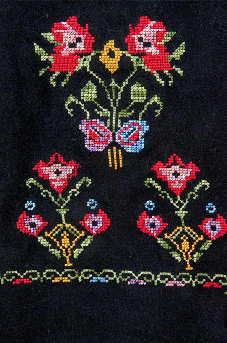 Black Jouri Embroidered Winter Shoulder Shawl in a warm winter design crafted from ultra-soft mohair fabric, featuring Jouri Falahi embroidery in a rich mix of traditional colors, inspired by authentic rural Palestinian heritage.