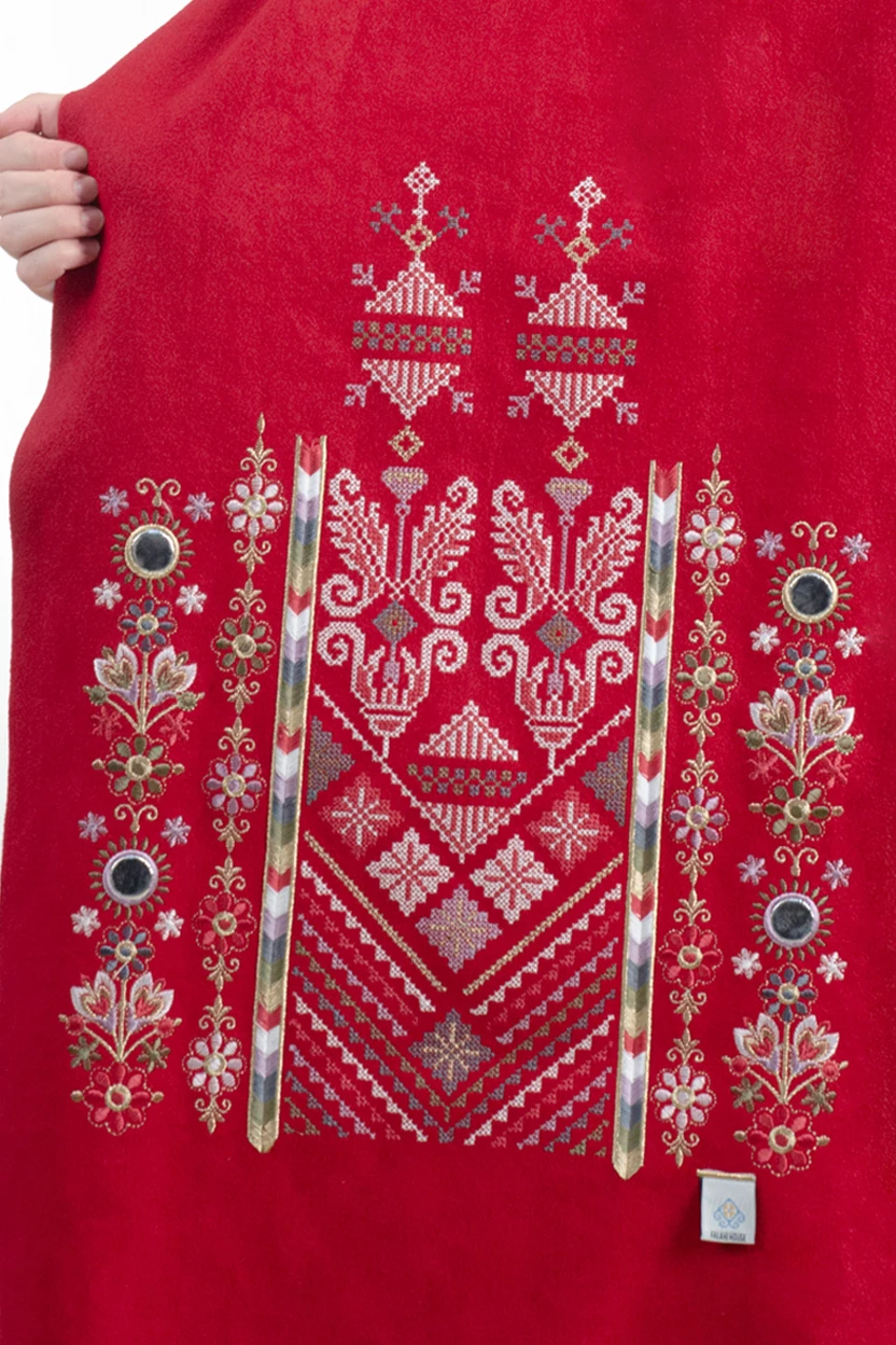 Red Nabati with Red Mix Embroidered Shoulder Shawl in a warm winter design featuring Falahi embroidery, bratto details, and mirror accents inspired by Central Region heritage.