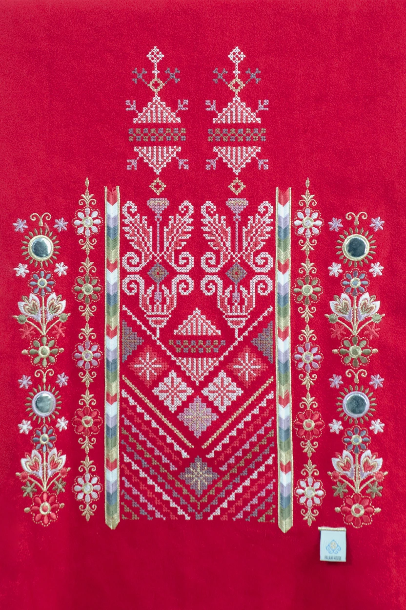 Red Nabati with Red Mix Embroidered Shoulder Shawl in a warm winter design featuring Falahi embroidery, bratto details, and mirror accents inspired by Central Region heritage.