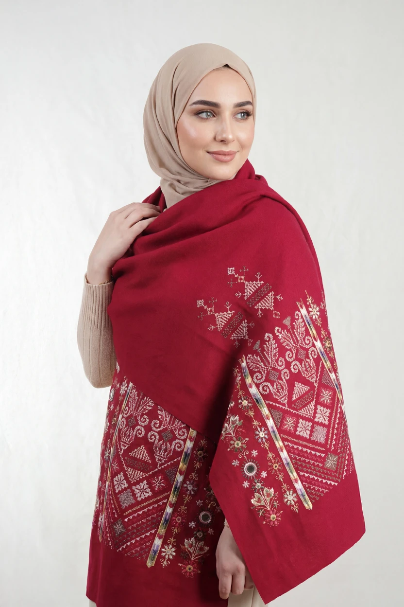 Red Nabati with Red Mix Embroidered Shoulder Shawl in a warm winter design featuring Falahi embroidery, bratto details, and mirror accents inspired by Central Region heritage.