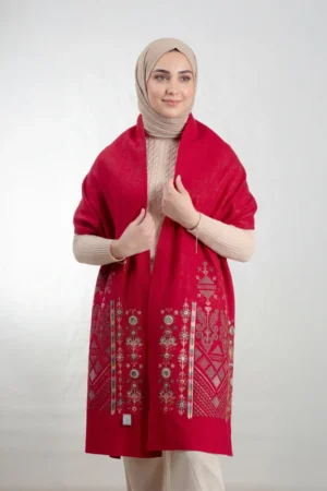 Red Nabati with Sea-Inspired Mix Embroidered Shoulder Shawl in a warm winter design featuring Falahi embroidery, bratto details, and mirror accents inspired by Central Region heritage.