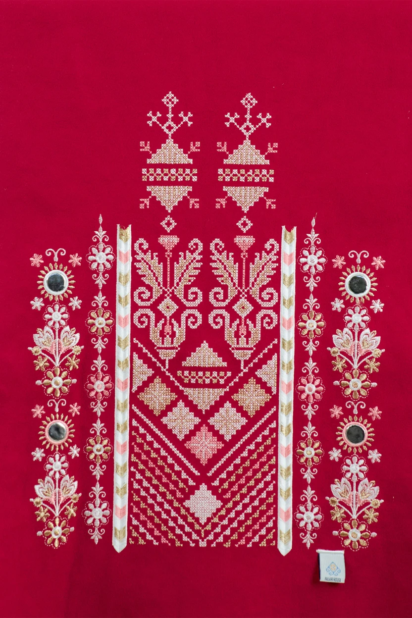 Red Nabati with Snow-White Embroidered Shoulder Shawl in a warm winter design featuring Falahi embroidery, bratto details, and mirror accents inspired by Central Region heritage.