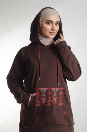 Brown Hoodie Set with Embroidery by Falahi House