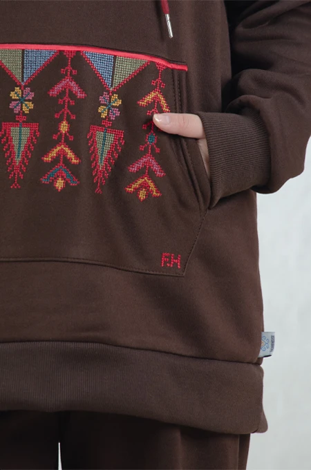 Brown Hoodie Set with Embroidery by Falahi House