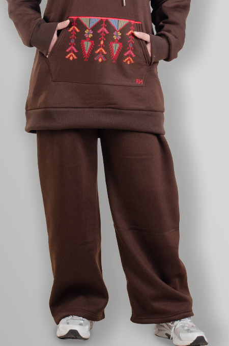 Brown Hoodie Set with Embroidery by Falahi House