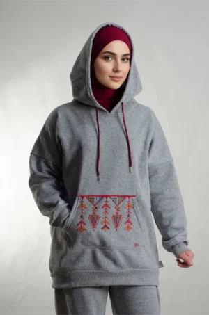 Light Grey Hoodie Set with Embroidery by Falahi House