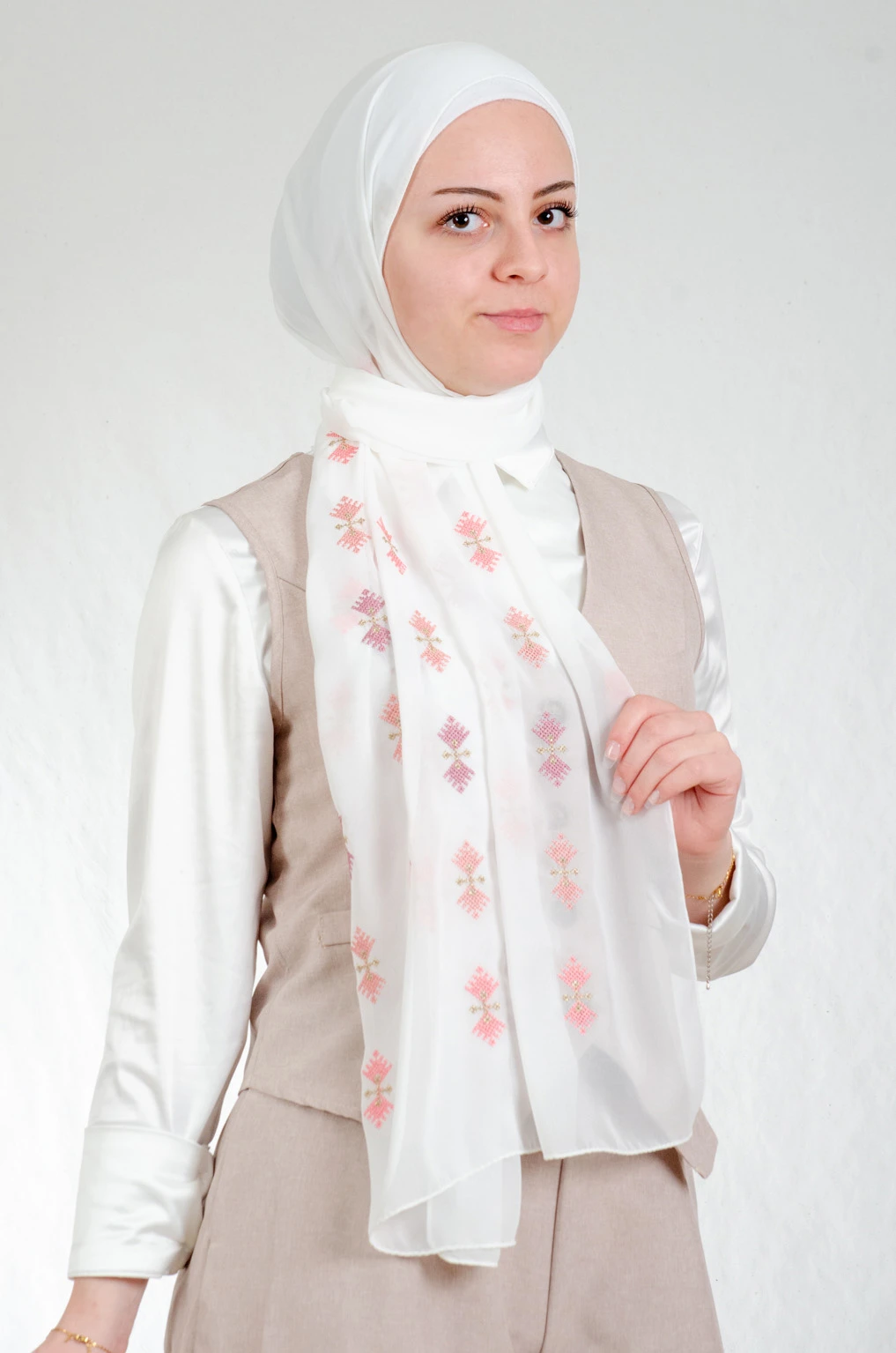 Romantic off white and pink chiffon shawl with traditional fallahi embroidery, 180x70cm feminine heritage piece