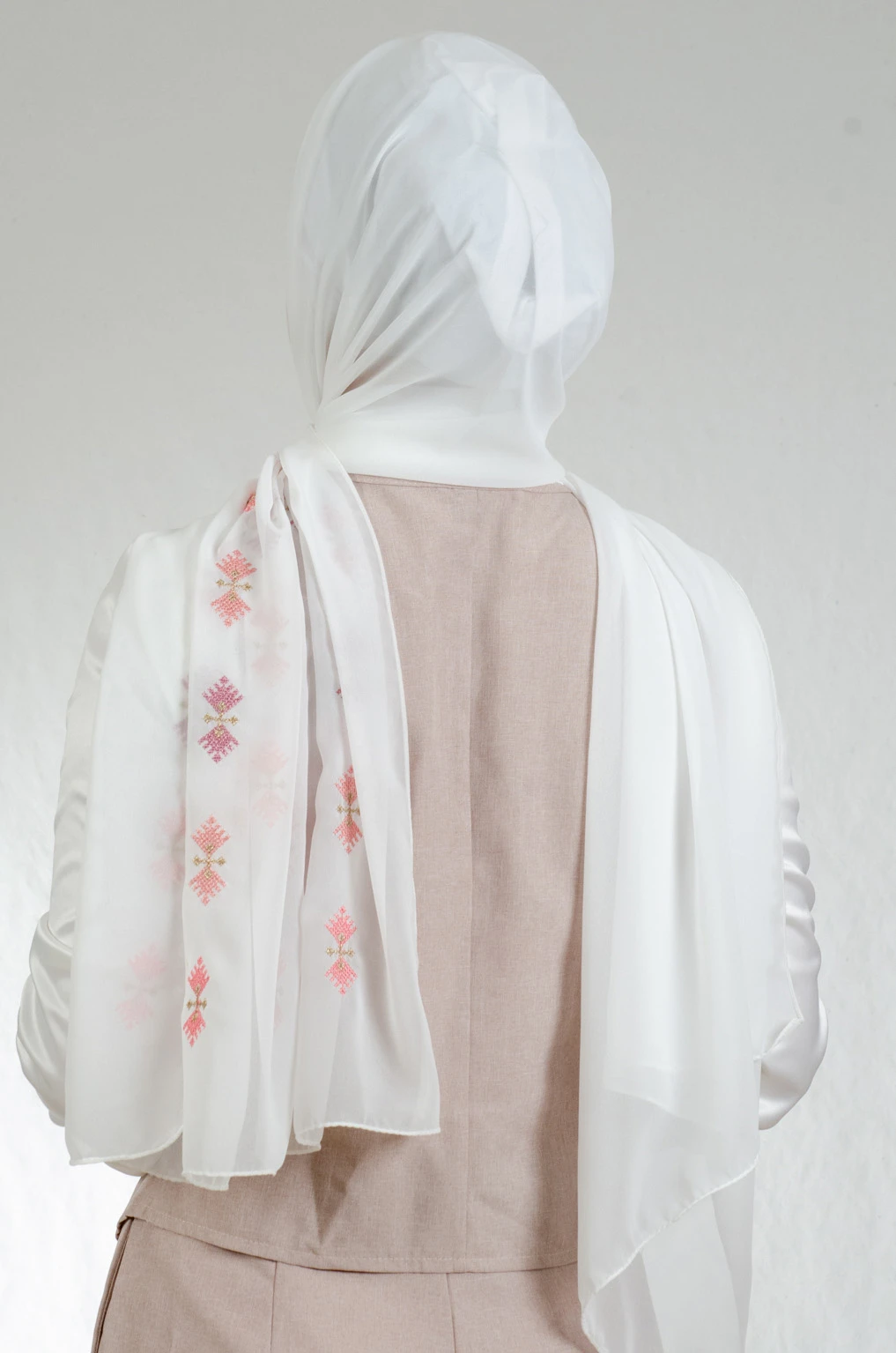 Romantic off white and pink chiffon shawl with traditional fallahi embroidery, 180x70cm feminine heritage piece