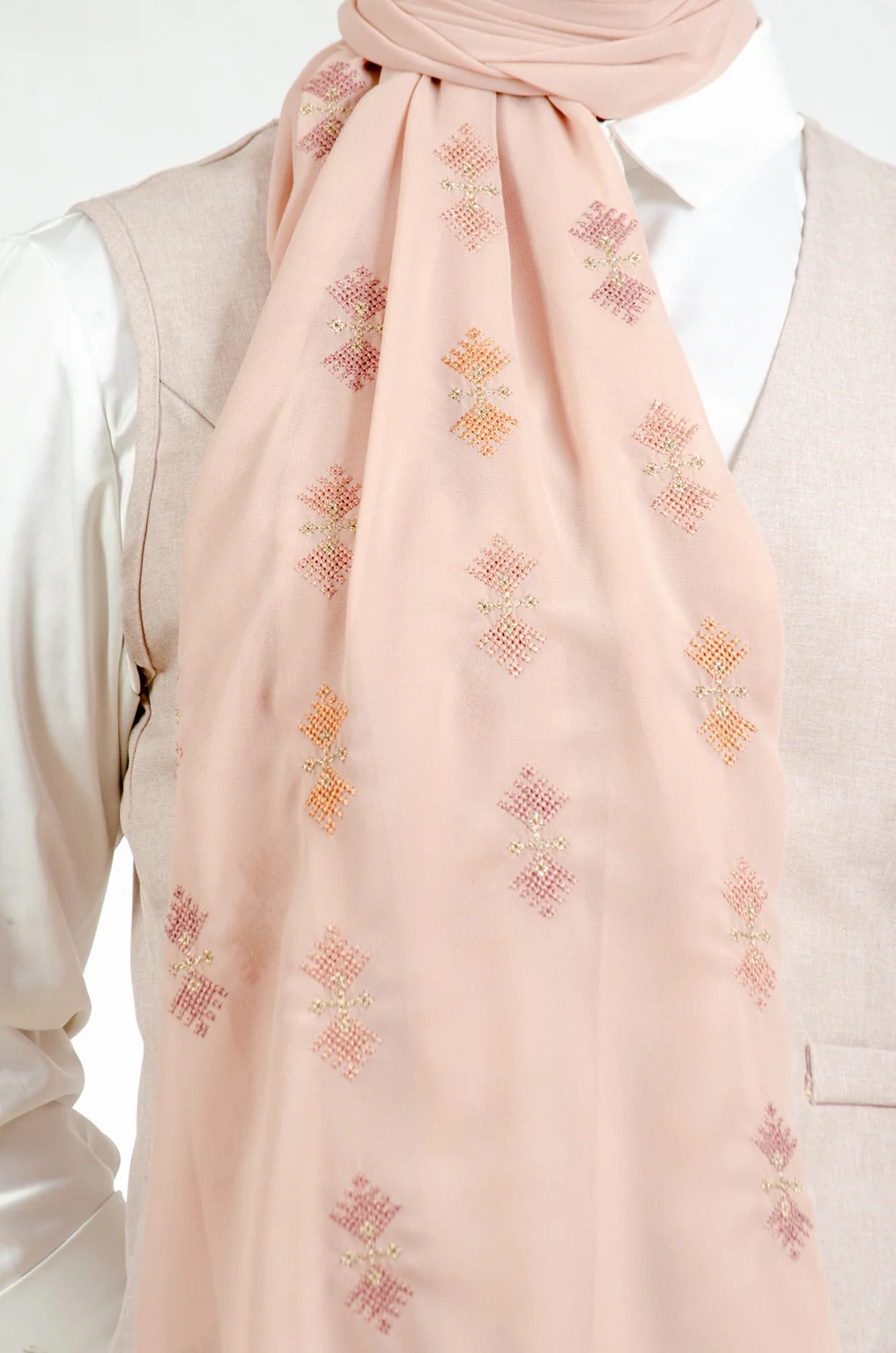 Camel-colored embroidered chiffon shawl with delicate fallahi lily patterns, 180x70cm heritage accessory