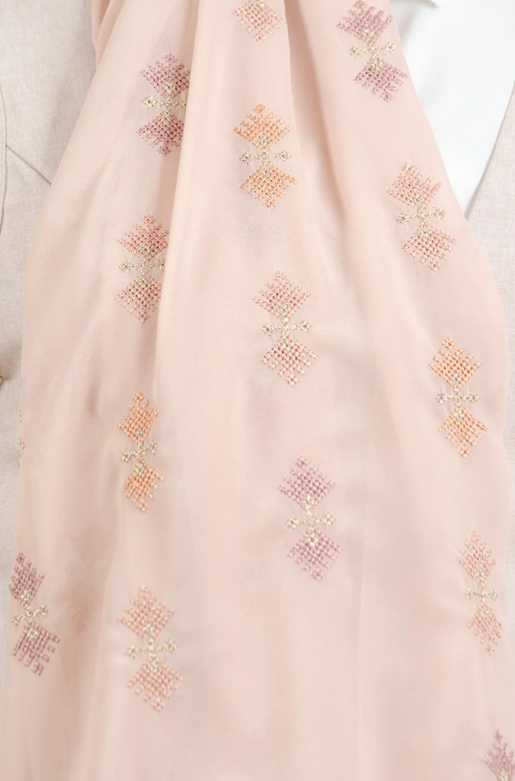 Camel-colored embroidered chiffon shawl with delicate fallahi lily patterns, 180x70cm heritage accessory