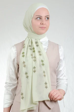 Fresh mint-green embroidered chiffon shawl with traditional fallahi lily patterns, 180x70cm artisan heritage piece