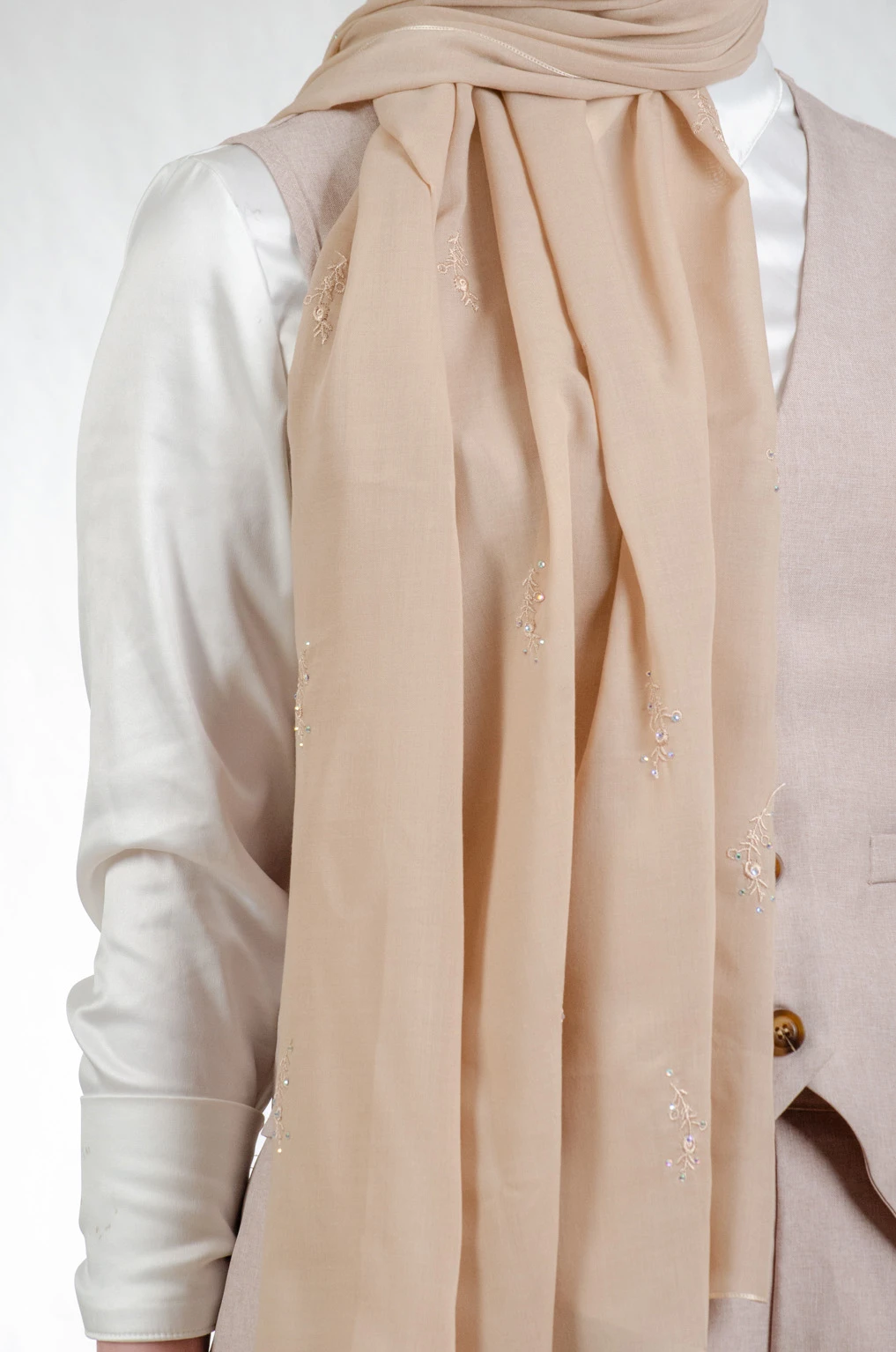 Neutral camel Japanese voal shawl with traditional fallahi embroidery, 176x76cm timeless luxury heritage wrap