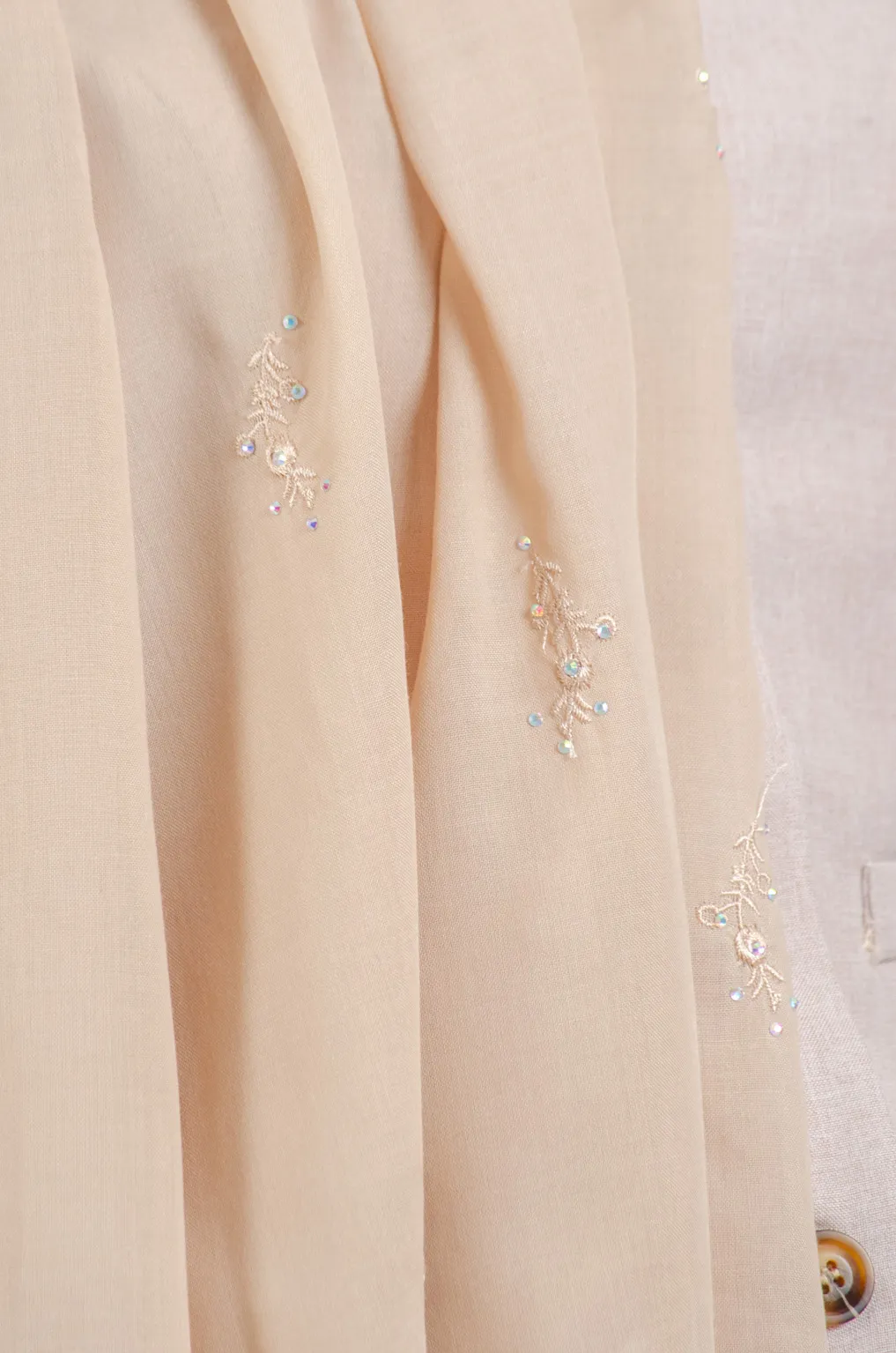 Neutral camel Japanese voal shawl with traditional fallahi embroidery, 176x76cm timeless luxury heritage wrap