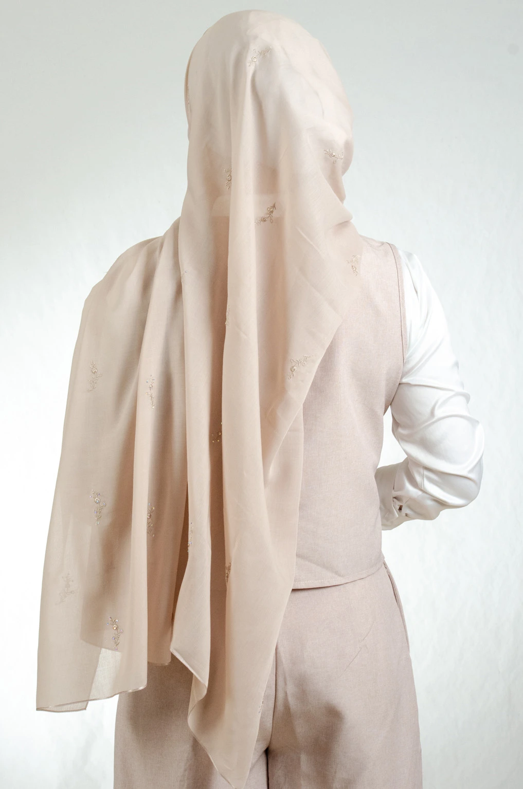 Warm cappuccino-toned Japanese voal shawl with traditional fallahi embroidery, 176x76cm versatile luxury heritage wrap