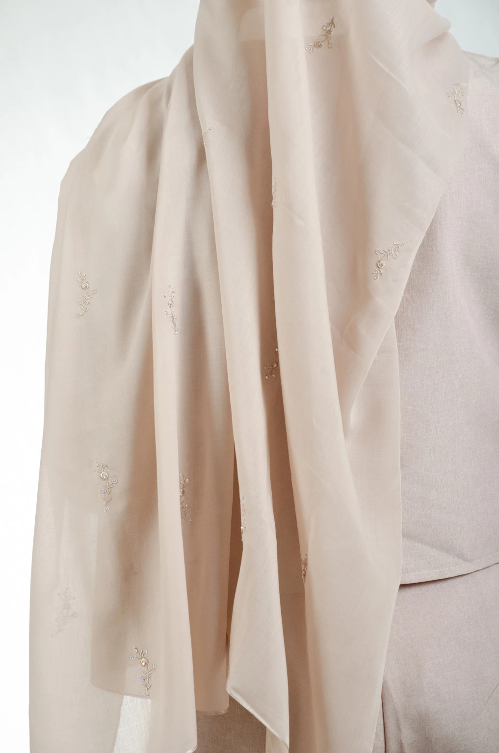 Warm cappuccino-toned Japanese voal shawl with traditional fallahi embroidery, 176x76cm versatile luxury heritage wrap