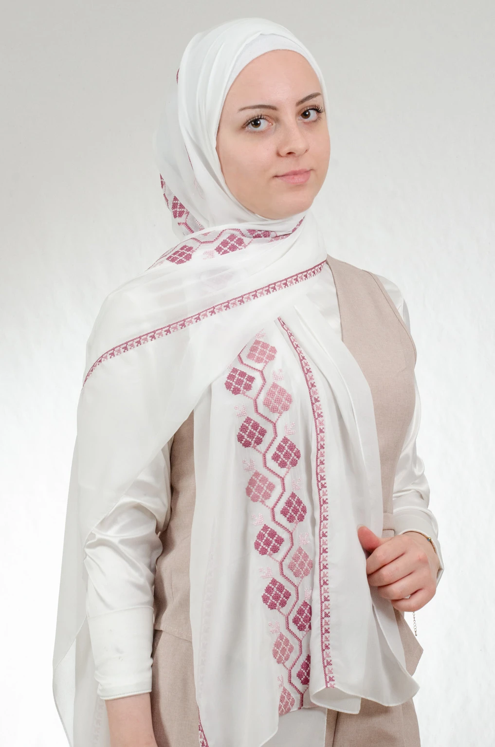 Romantic off white and pink embroidered chiffon-cotton shawl with traditional fallahi design, 180x70cm feminine heritage wrap