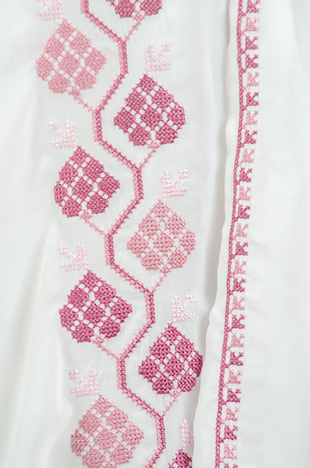 Romantic off white and pink embroidered chiffon-cotton shawl with traditional fallahi design, 180x70cm feminine heritage wrap