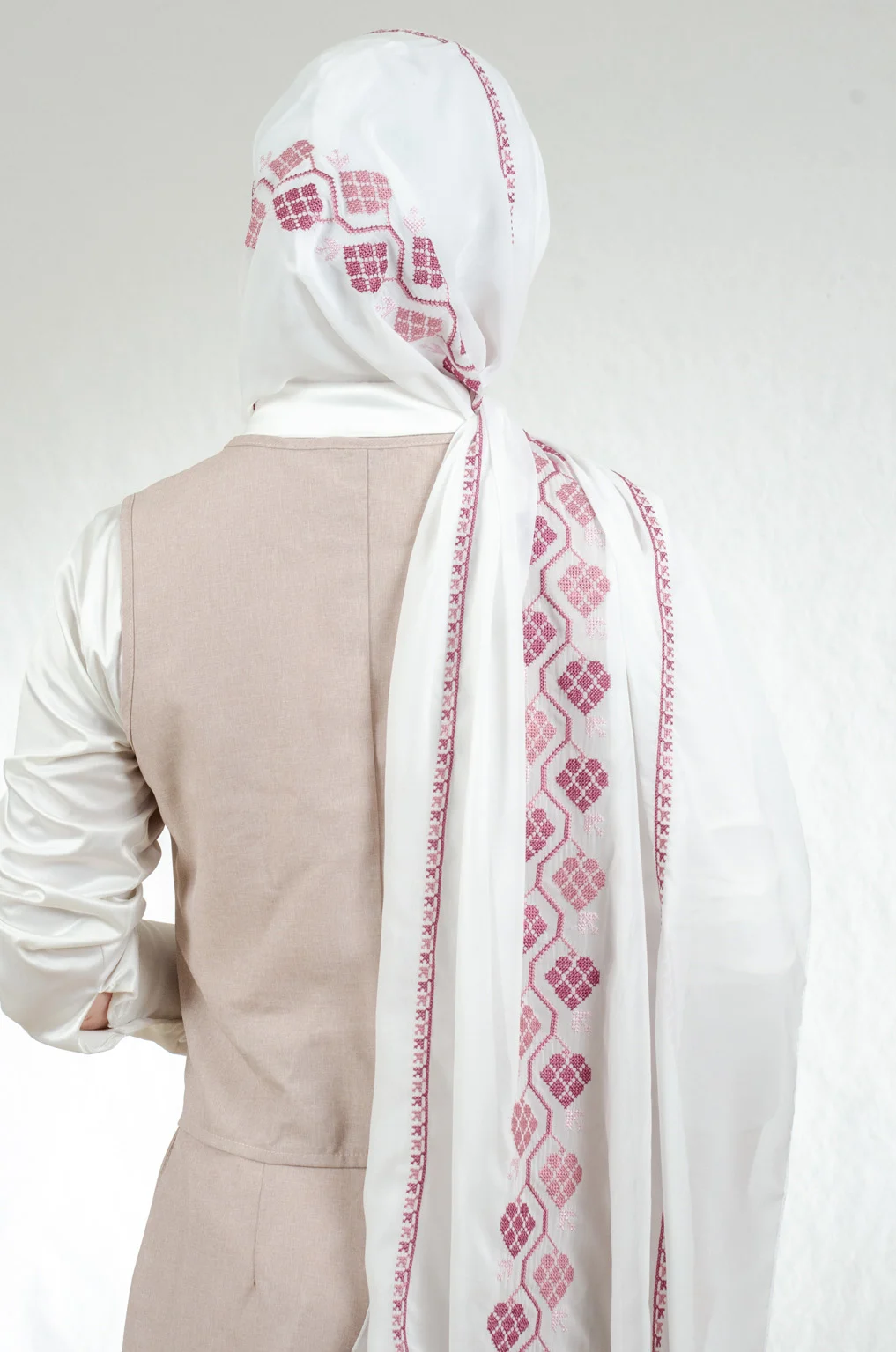 Romantic off white and pink embroidered chiffon-cotton shawl with traditional fallahi design, 180x70cm feminine heritage wrap