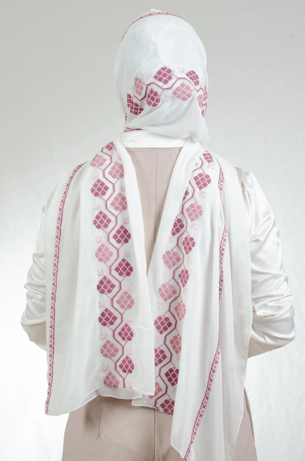Romantic off white and pink embroidered chiffon-cotton shawl with traditional fallahi design, 180x70cm feminine heritage wrap