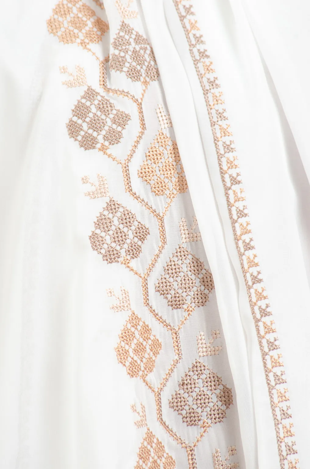 Classic off white and brown embroidered chiffon-cotton shawl with traditional fallahi design, 180x70cm timeless heritage wrap