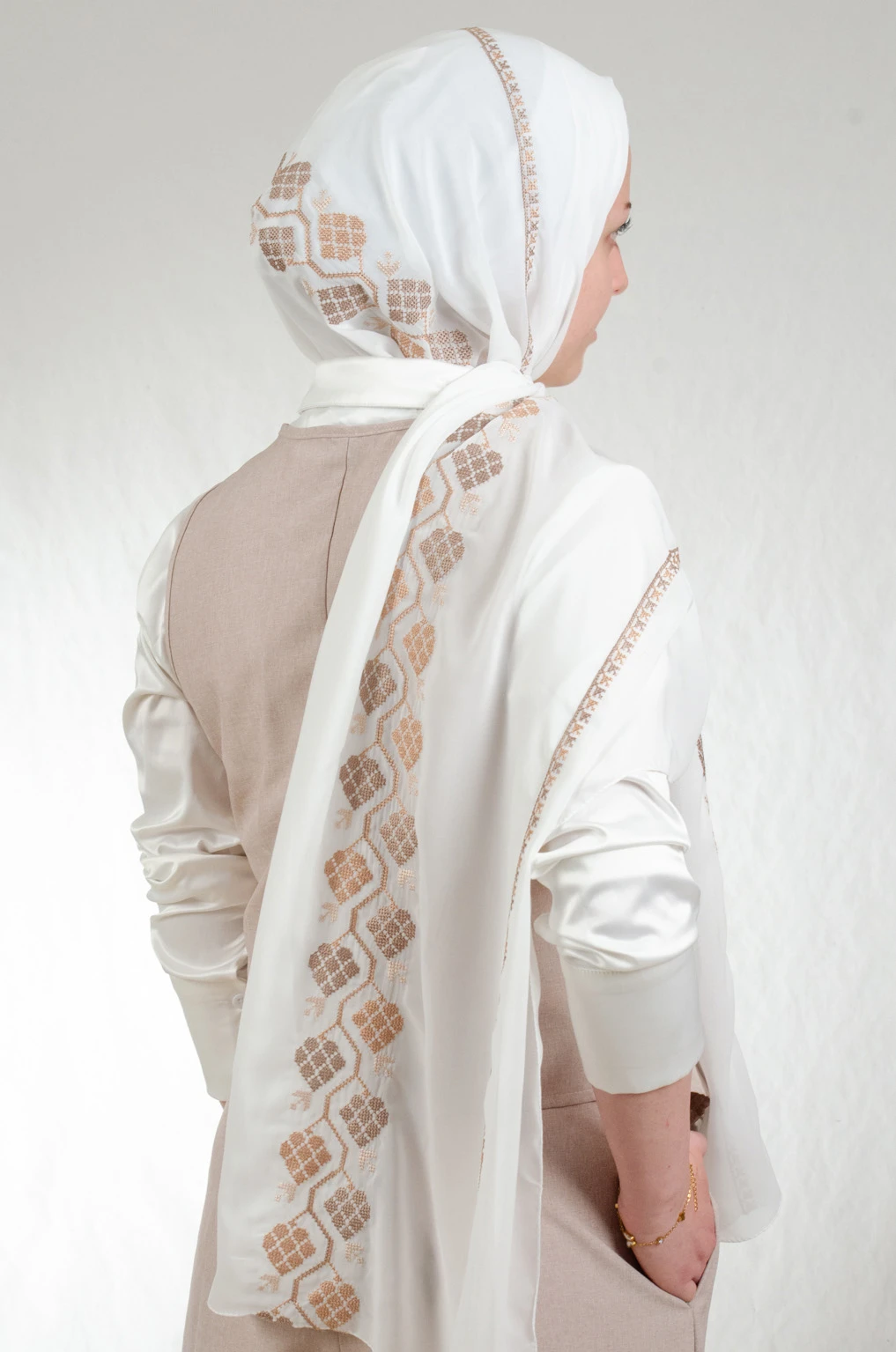 Classic off white and brown embroidered chiffon-cotton shawl with traditional fallahi design, 180x70cm timeless heritage wrap